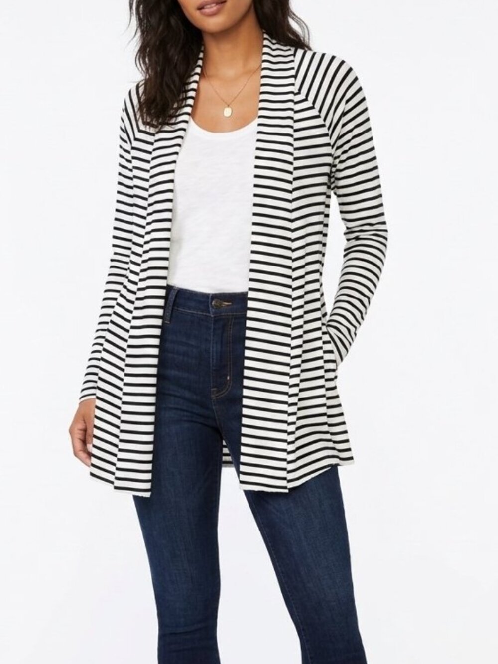 Mystree Striped Cardigan Open Front Black White M Draped Flyaway Indie Boho Chic